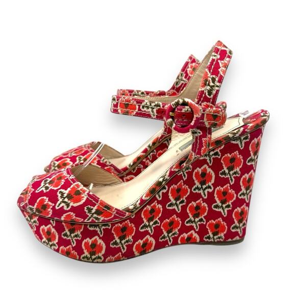 Prada Vintage Le Voyageur Collection 2012 Floral Wedge Platform Sandals Red 40.5 - Picture 4 of 16